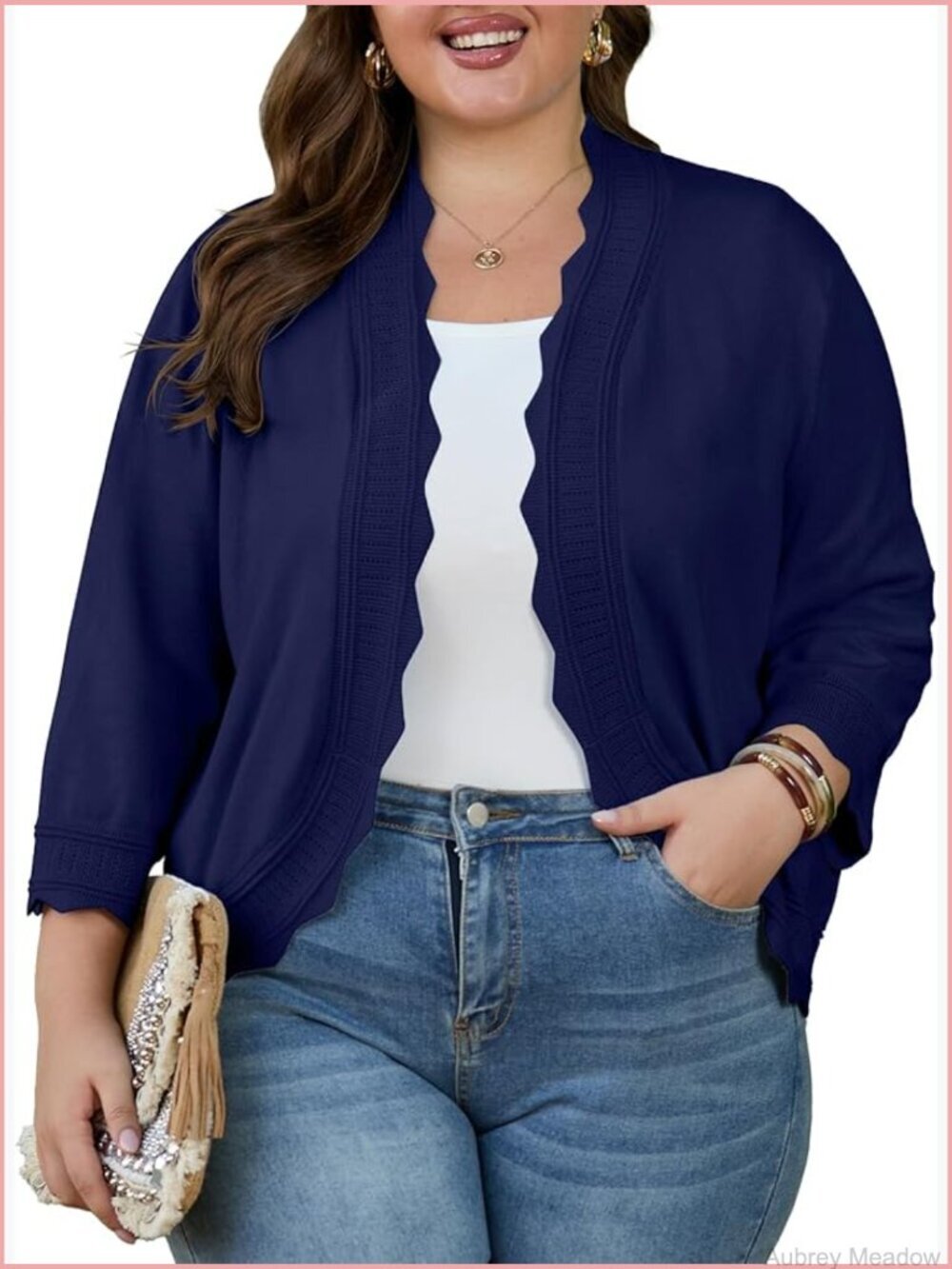 Plus Size 3/4 Sleeve Cardigan Cropped Knit Shrugs Open-Front Lightweight